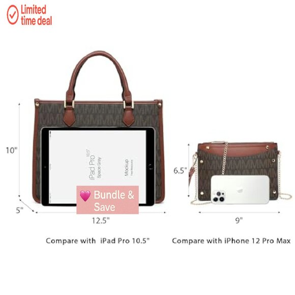 Medium Tote Bag with Wristlet Set, Vegan Leather, Monogram Design - Picture 6 of 8